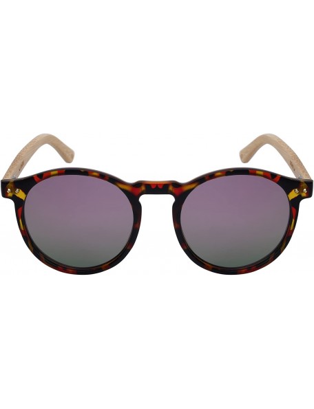 Round Round Horn Rimed Bamboo Sunglasses Wood Women Mirrored Lens 541006BM-FLREV - CQ18HEX50XN $13.99