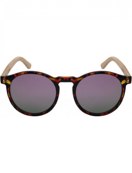 Round Round Horn Rimed Bamboo Sunglasses Wood Women Mirrored Lens 541006BM-FLREV - CQ18HEX50XN $13.99