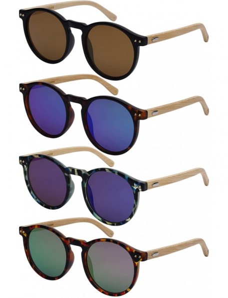 Round Round Horn Rimed Bamboo Sunglasses Wood Women Mirrored Lens 541006BM-FLREV - CQ18HEX50XN $13.99