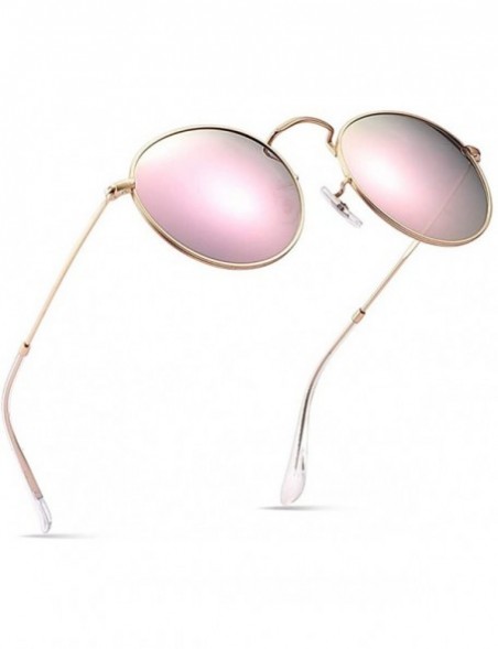 Shield Round Retro Polarized Stainless Steel Sunglasses Metal Small Frame Colorful For Women - Gold Frame/Pink Revo Lens - CF...