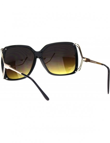 Rectangular Womens Butterfly Plastic Designer Metal Ribbon Arm Sunglasses - Black Gold Dark Brown - CH18LNN2D7G $9.34