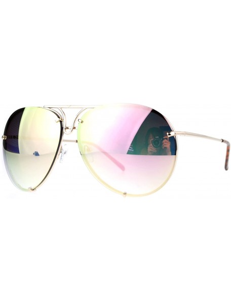 Shield Oversized Round Aviator Sunglasses Mirror Lens Metal Rims in Back Spring Hinge - Gold (Pink Mirror) - C01875OA4LO $25.91