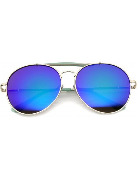 Round Oversize Double Nose Bridge Round Colored Mirror Lens Aviator Sunglasses 58mm - Green-gold / Green-blue Mirror - CS12OB...