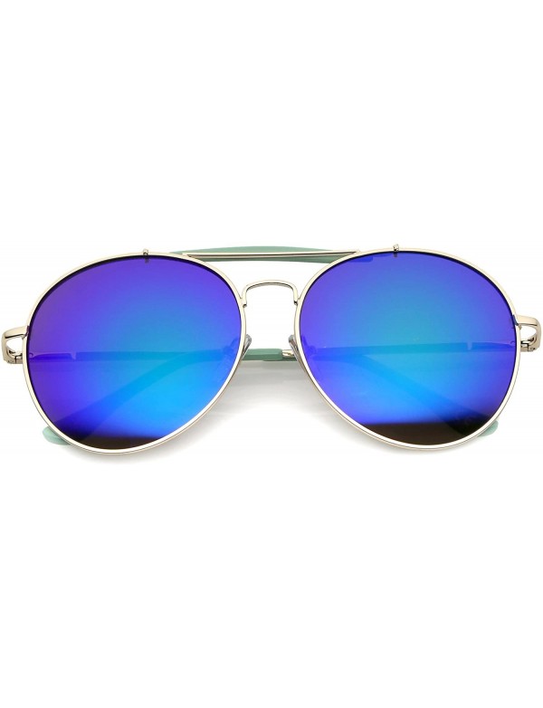 Round Oversize Double Nose Bridge Round Colored Mirror Lens Aviator Sunglasses 58mm - Green-gold / Green-blue Mirror - CS12OB...