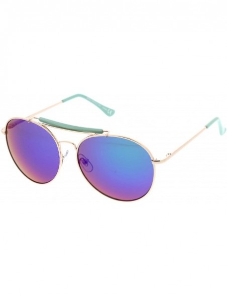 Round Oversize Double Nose Bridge Round Colored Mirror Lens Aviator Sunglasses 58mm - Green-gold / Green-blue Mirror - CS12OB...