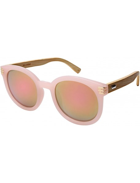 Round Retro Round Horned Rim Bamboo Sunglasses Wood Women Mirrored Lens 34124BM-REV - CI18C4U4ZQW $11.02