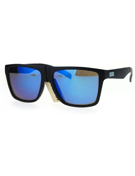 Rectangular Mens Kush Hipster Black Flat Top Horn Rim Color Mirrored Plastic Sunglasses - Blue Mirror - CU18R752AE3 $22.42