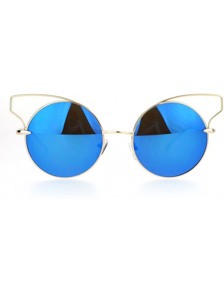 Cat Eye Metal Wire Cat Eye Horn Rim Round Circle Mirrored Lens Sunglasses - Gold Blue - C8120ZRCCDR $11.27