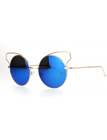 Cat Eye Metal Wire Cat Eye Horn Rim Round Circle Mirrored Lens Sunglasses - Gold Blue - C8120ZRCCDR $11.27