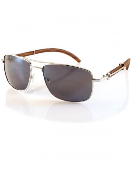 Aviator Unisex Vintage Officer Style Metal & Wood Rectangle Sunglasses A144 - Silver Brown/ Black Sd - CG18CG8T2A5 $16.65