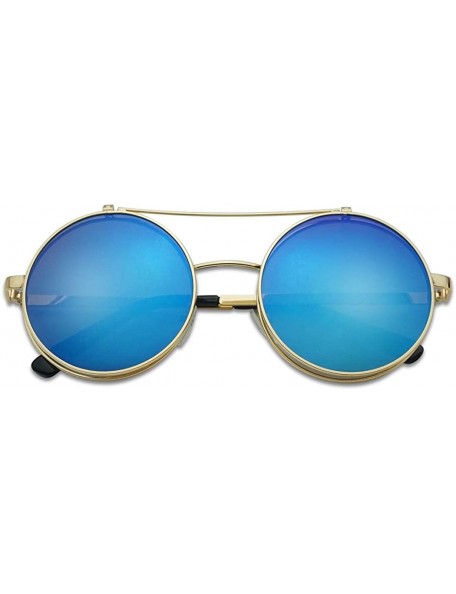 Round Round Mid-Size 55mm Flip-Up Color Reflective Mirrored Uv Clear Lens Django Sunglasses - Gold - Blue - CJ18E4DOMHX $12.05