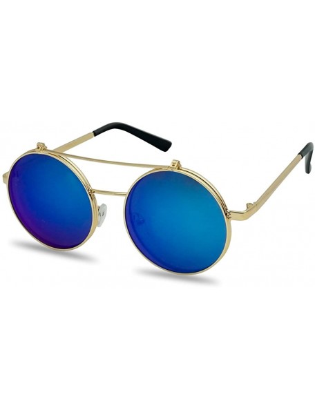 Round Round Mid-Size 55mm Flip-Up Color Reflective Mirrored Uv Clear Lens Django Sunglasses - Gold - Blue - CJ18E4DOMHX $12.05