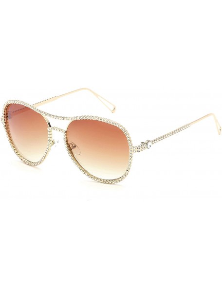 Cat Eye Sparkling Crystal Round Sunglasses UV Protection Rhinestone Sunglasses - Gold Frame Tawny Lens - CJ18UR7RM5Q $18.02