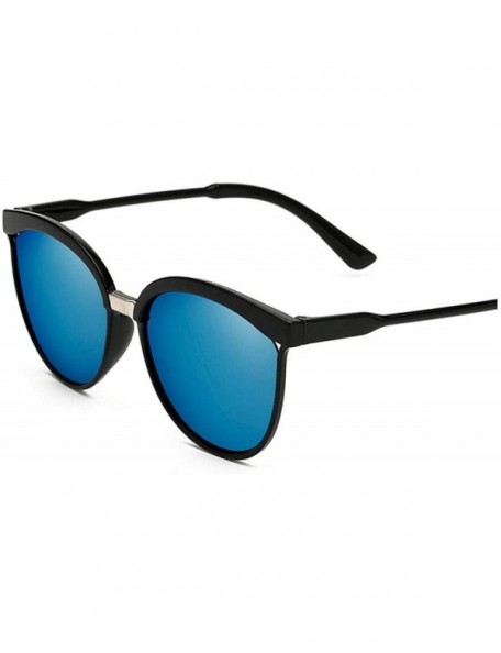Round Vintage Black Sunglasses Women Cat Eye Sun Glasses Color Lens Mirror Sunglass Fashion Design Oculos - Blue - CU197Y78TM...