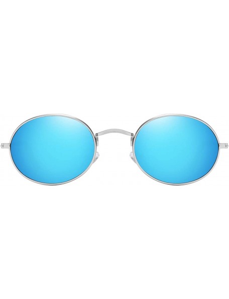 Oval Oval Round Polarized Sunglasses for Men and Women Small UV400 Protection - Silver - Blue Mirrored - CG195SOOMTK $12.42