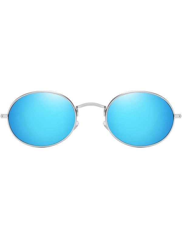 Oval Oval Round Polarized Sunglasses for Men and Women Small UV400 Protection - Silver - Blue Mirrored - CG195SOOMTK $12.42