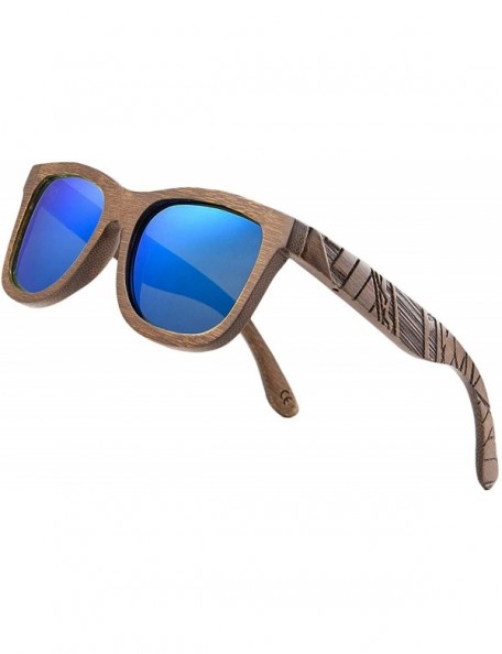 Wayfarer Bamboo Wood Polarized Sunglasses For Men & Women - Temple Carved Collection - Ta05-brown Bamboo Frame Blue Lens - CR...
