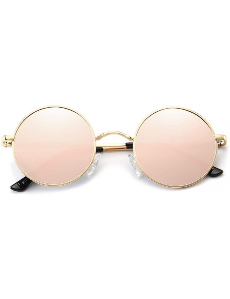 Aviator John Lennon Style Vintage Round Polarized Sunglasses for Men Women Small Circle Sunglasses - Pink Lens+gold Frame - C...