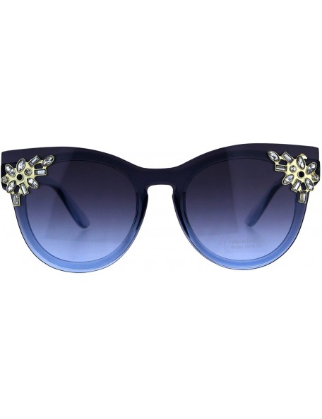 Rectangular Womens Rhinestone Jewel Trim Panel Shield Lens Horned Sunglasses - Blue Smoke - CE18D4GRHQY $11.58
