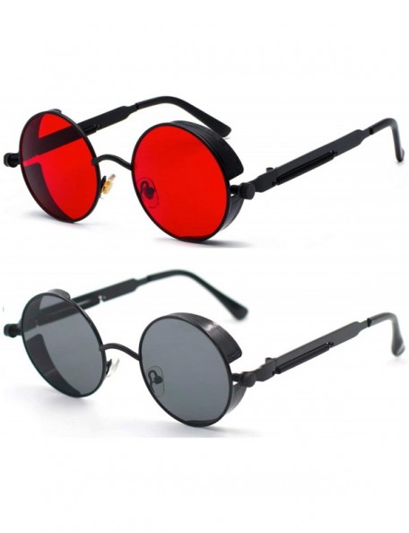 Goggle Retro Gothic Steampunk Sunglasses for Women Men Round Lens Metal Frame - 2pack Black Grey & Black Red - CO19D3GWWW9 $1...