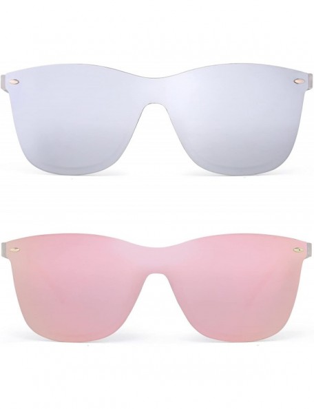 Rimless Rimless Mirrored Sunglasses One Piece Frameless Eyeglasses Men Women - 2 Pack (Mirror Silver & Polarized Pink) - CG18...