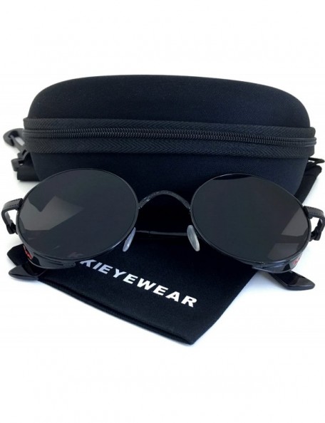 Shield Gothic Steampunk Round Sunglasses Embossed Side Shields - Black Frame - Black Lens - CI12J1KB4WJ $17.58