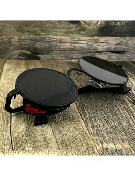 Shield Gothic Steampunk Round Sunglasses Embossed Side Shields - Black Frame - Black Lens - CI12J1KB4WJ $17.58