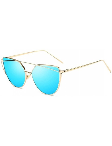 Cat Eye Cat Eye Mirrored Strikethrough Lens Metal Frame Womens Sunglassses J6627 - Gold Frame/Blue - CU180ZG2HSU $12.68