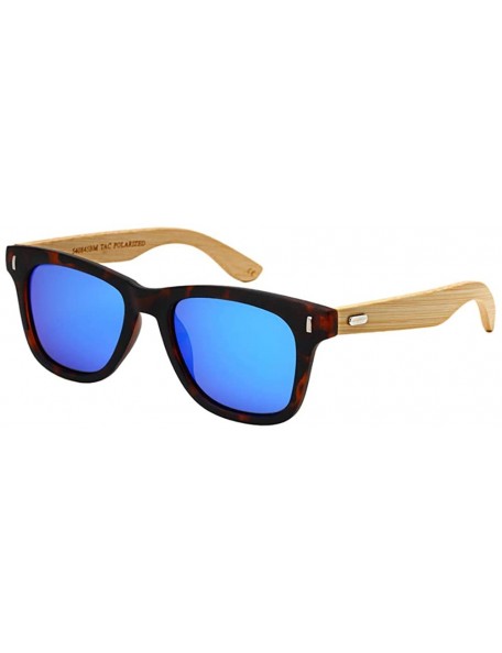 Wayfarer Horned Rim Wooden Bamboo Sunglasses w/Polarized Mirrored Lenses 540845BM-PRV - Matte Tortoise & Bamboo Arm - CT124QX...
