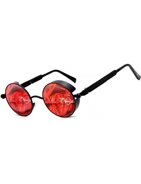 Round Polarized Steampunk Round Sunglasses for Men Women Mirrored Lens Metal Frame S2671 - Black&red - CN185G2QUW6 $30.42