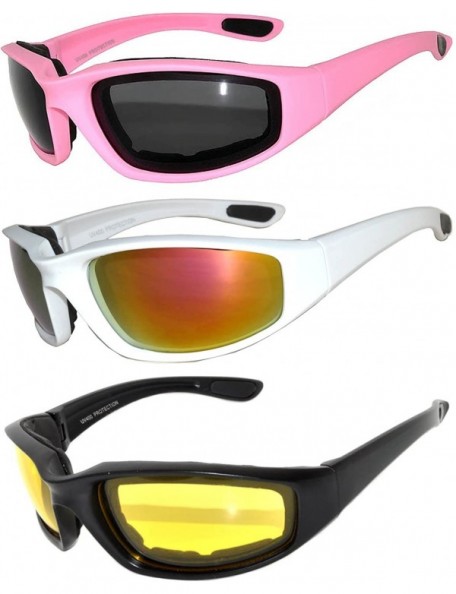 Goggle Set of 3 Pairs Motorcycle Padded Foam Glasses Smoke Yellow or Clear Lens - Wht_pink_black - CM17XX870TU $18.53