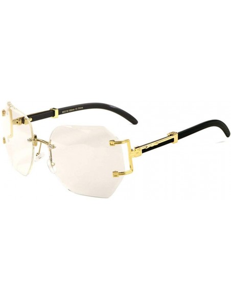 Rimless Clear Geometric Polygon Rimless Diamond Edge Lens Cut Wood Temple Sunglasses - Black - CV1987EYL5C $14.52