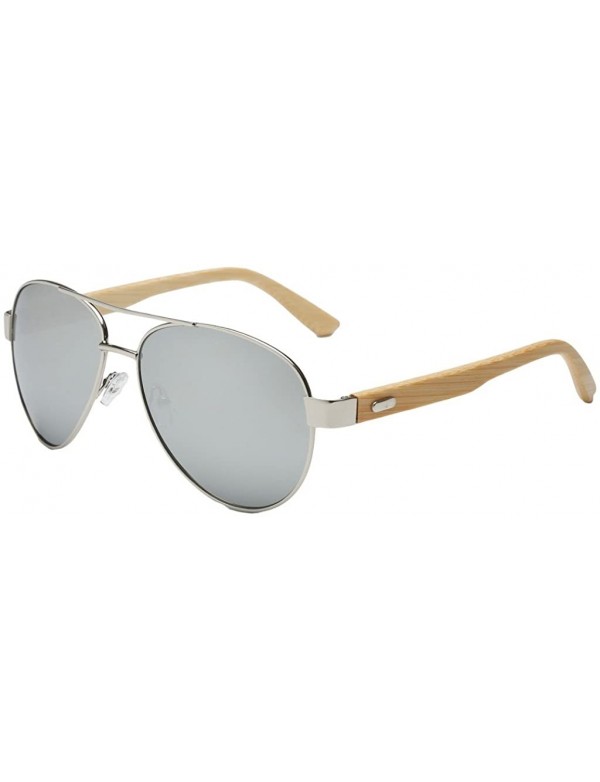 Aviator Unisex Wooden Bamboo Aviator Sunglasses Classic Retro Designer Uv400 60mm - Silver/Silver - CB12EMXXKQD $15.54