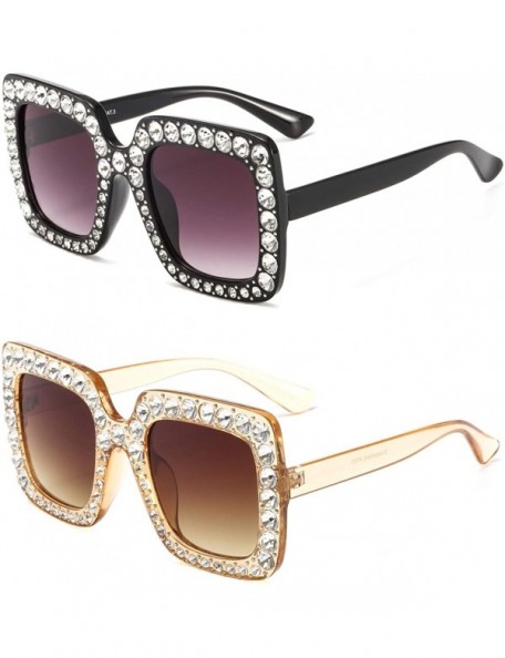 Square Oversized Sunglasses for Women Square Thick Frame Bling Bling Rhinestone Novelty Shades - CH18I5CLI93 $18.66