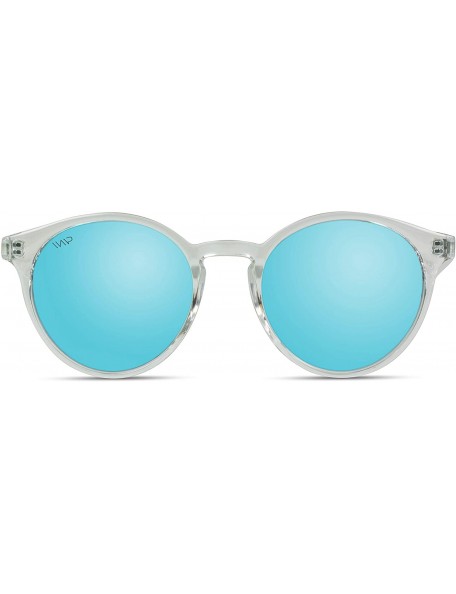Round Classic Small Round Retro Sunglasses - Clear Frame / Mirror Blue Lens - CJ186HXM6ND $27.28