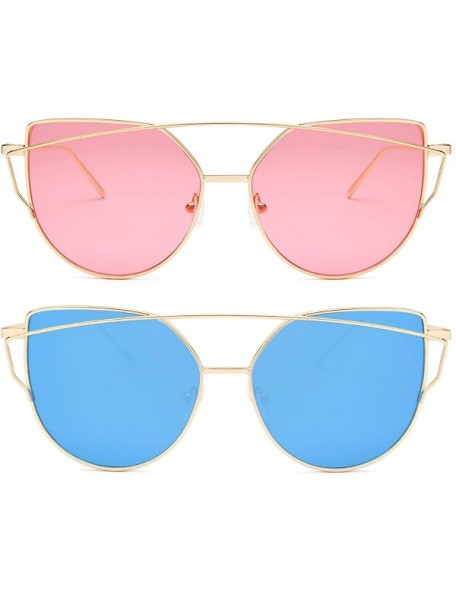Round Sunglasses for Women - Cat Eye Mirrored/Transparent Flat Lenses Metal Frame Sunglasses UV400 - CX18XR3Z2DW $26.28