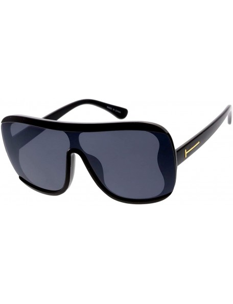 Shield Flat Top Bulky Thick Frame Retro Fashion Aviator Sunglasses - Black - CE18USZE2DH $10.68