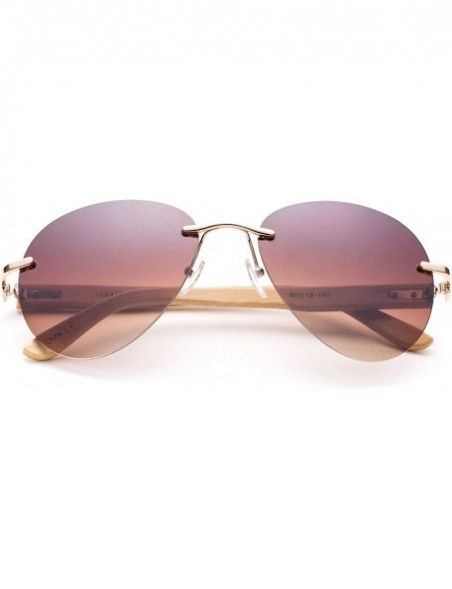 Aviator Bamboo Arm Oversized Rimless Aviator Sunglasses with Flash Lens Bamboo Sunglasses for Men & Women - Gold/Brown - CB18...