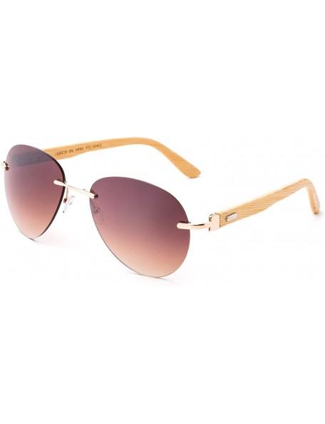 Aviator Bamboo Arm Oversized Rimless Aviator Sunglasses with Flash Lens Bamboo Sunglasses for Men & Women - Gold/Brown - CB18...