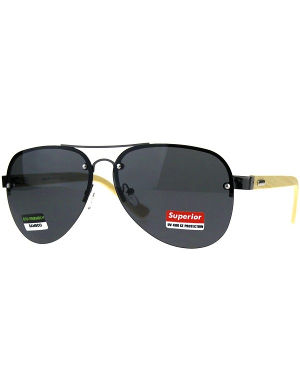 Aviator Real Bamboo Wood Temple Sunglasses Half Rim Aviators Unisex UV 400 - Gunmetal (Black) - CF18DT0MXTX $11.50