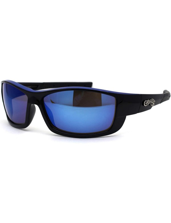 Rectangular Mens Biker Warparound Motorcycle Sunglasses - Black Blue Mirror - CD195E57ENE $9.73