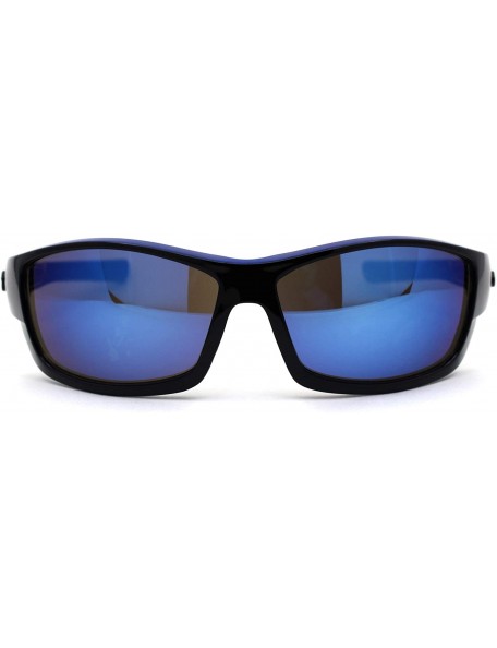 Rectangular Mens Biker Warparound Motorcycle Sunglasses - Black Blue Mirror - CD195E57ENE $9.73