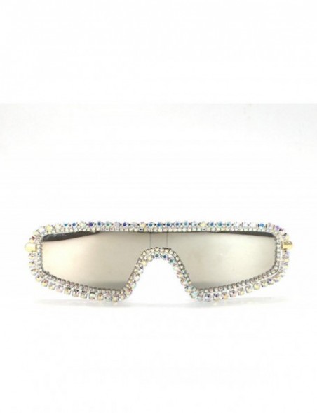 Rectangular Rectangle Rhinestone Sunglasses For Women Men Fashion UV400 Oversized One Piece Lens - CI196LYAUEH $13.92