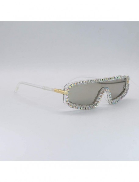 Rectangular Rectangle Rhinestone Sunglasses For Women Men Fashion UV400 Oversized One Piece Lens - CI196LYAUEH $13.92