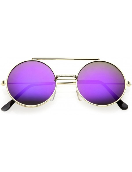 Goggle Mid Size Flip-Up Colored Mirror Lens Round Django Sunglasses 49mm - Gold / Purple Mirror - CG12MAX6H2X $12.19