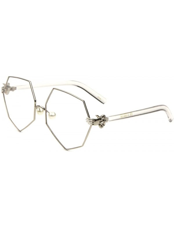 Square Geometric Oversized Clear Lens Sunglasses w/Pearl Nose Pads & 3D Clown Hand/Glove Hinge - Silver & Clear Frame - CA186...