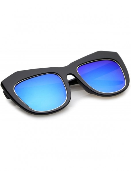Cat Eye Oversize Chunky Frame Square Colored Mirror Lens Cat Eye Sunglasses 56mm - Black / Blue Mirror - CE12O5MHJOK $11.23