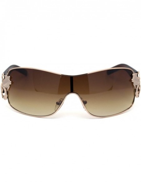 Rimless Womens Coy Metal Jewel Designer Fashion Shield Warp Sunglasses - Gold Brown - CF196MSDKTU $11.85