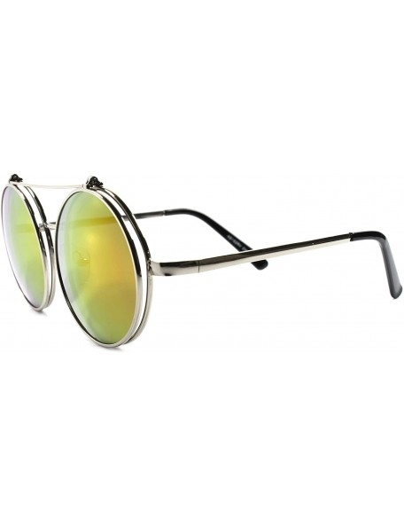 Round Django Inspired Indie Mirrored Lens Steampunk Round Flip Up Sunglasses - Silver / Yellow - CJ189773XD5 $12.29