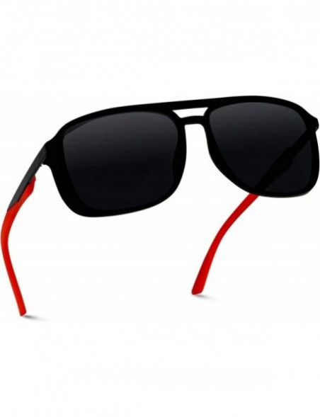 Square Polarized Modern Square Aviator Sunglasses for Men - Black Frame/ Red Temple Tips/Black Lens - CW18IGK98OL $20.18